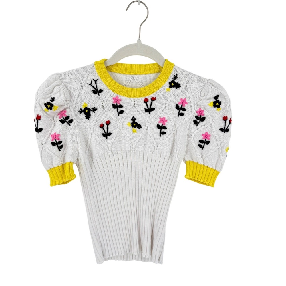 CORMIO Oma Embroidered Ribbed Pima Cotton Sweater White Floral Bee Puff Sleeve